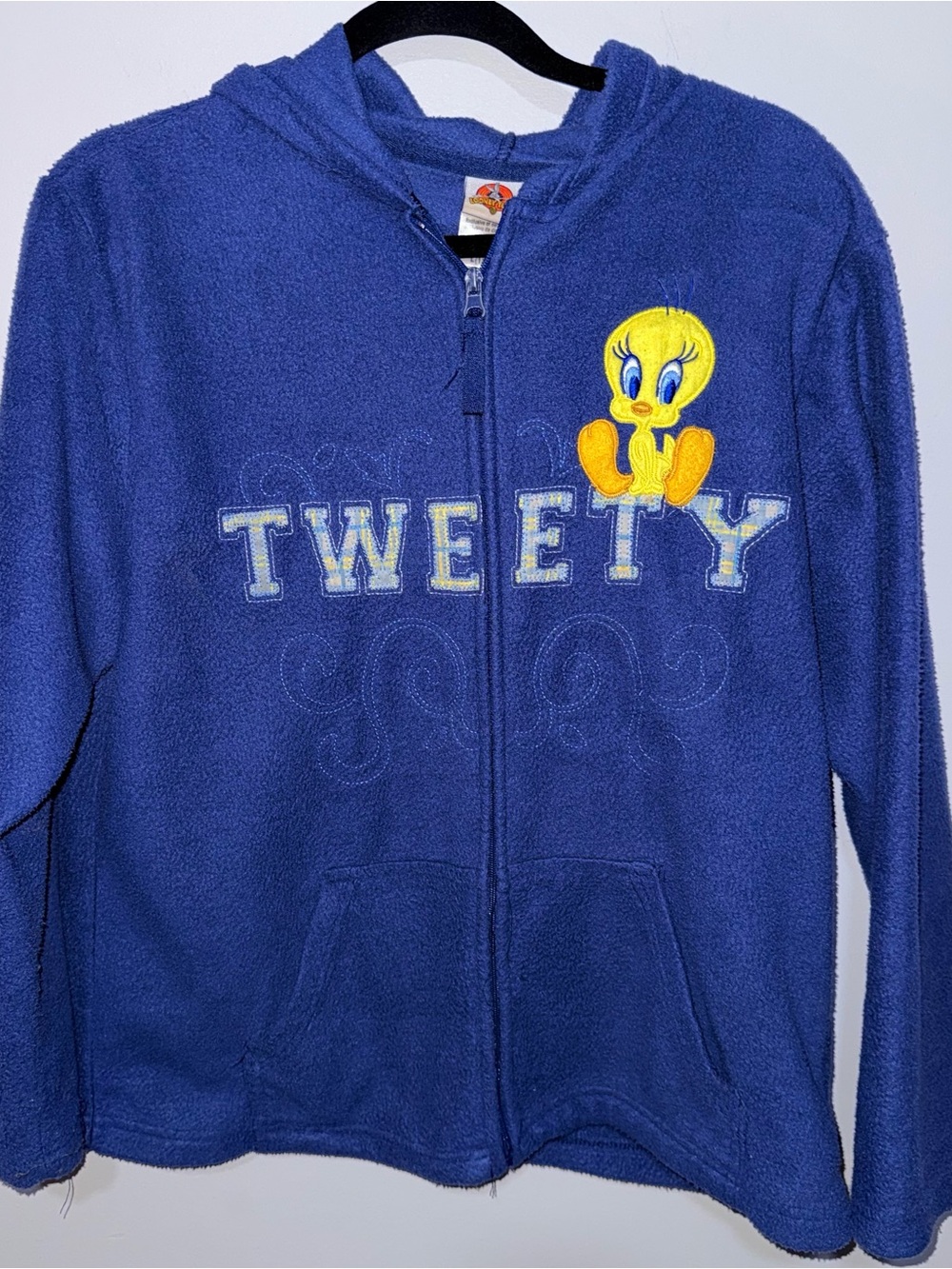 Vintage Looney Tunes Tweety Bird Blue Fleece full-zip hoodie sweatshirt Size L